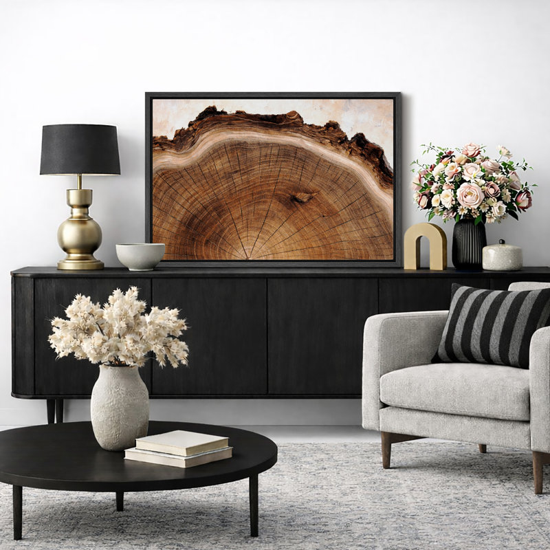 Œuvre d'anneau en bois naturel, tronc d'arbre rustique, photos de salon, impression sur toile encadrée, Cadre noir