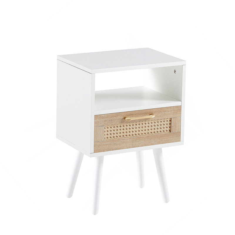 Stylish Rattan End Table With Drawer And Solid Wood Legs, Perfect Modern Nightstand For Living Room And Bedroom Use, White