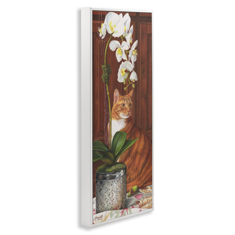 Art de giclée de chat et de fleur d'orchidée par Mardell Schuster, Estampe numérique encadrée blanc bord de mer