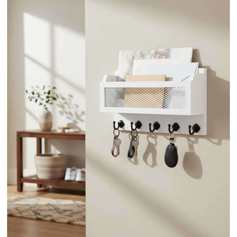 Wood Wall Organizer with Key Hooks, White