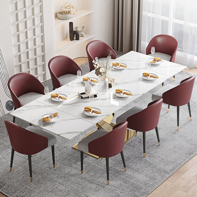 63" To 94.5" Extendable Dining Table For 8-10 With Rectangular Sintered Stone Dining Top And Steel Base, Snow Mountain White