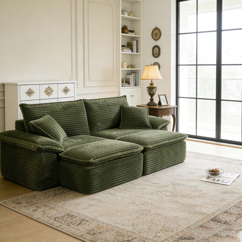 81" Sectional Sofa - Oversized Corduroy Cloud Couch with Movable Ottoman, Green