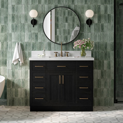 Meuble-lavabo simple en bois massif 42 po Tidworth avec plateau en quartz blanc 1,5 po