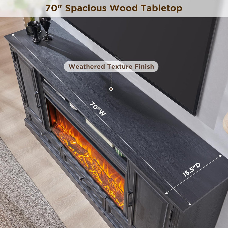 Elma Farmhouse Fireplace TV Stand, 70" TV Stand for TVs up to 80" with Electric Fireplace and Adjustable Shelves, Black