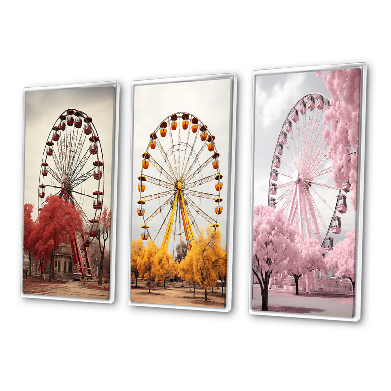 «Red Ferris Wheel Whirling Memories», 3 pièces sur toile, Cadre blanc, H 20 po x l 36 po