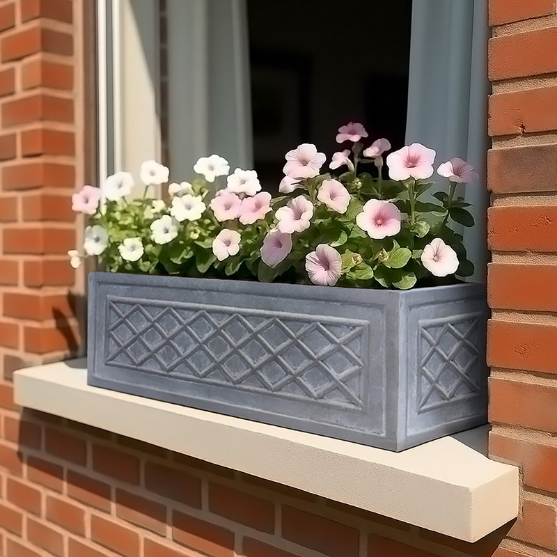 Faux Lead Lattice Window Box, Frostproof Outdoor Plant Pot, Vintage Style Windowsill Planter, Garden Planter with Drainage Holes