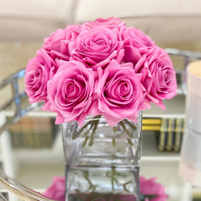 Real Touch Rose Arrangement In Square Glass Vase, Purple Pink