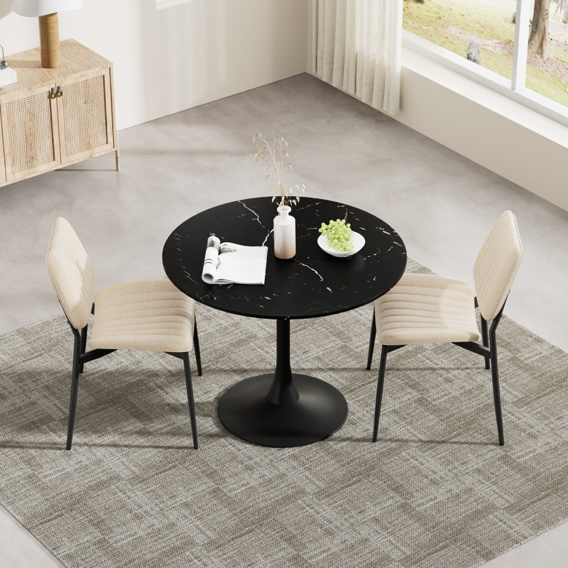 Modern Round 3 Piece Dining Room Table and Chairs Set, Black, Beige