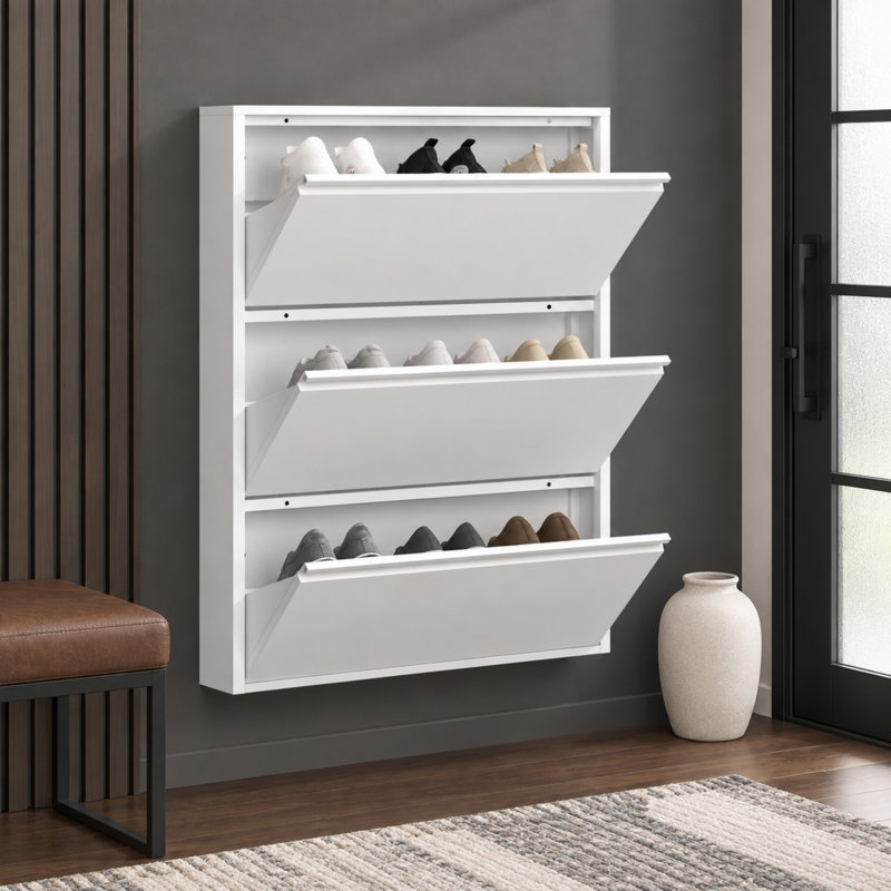 Armoire de rangement murale à chaussures avec 3 tiroirs rabattables et structure en métal, Blanc