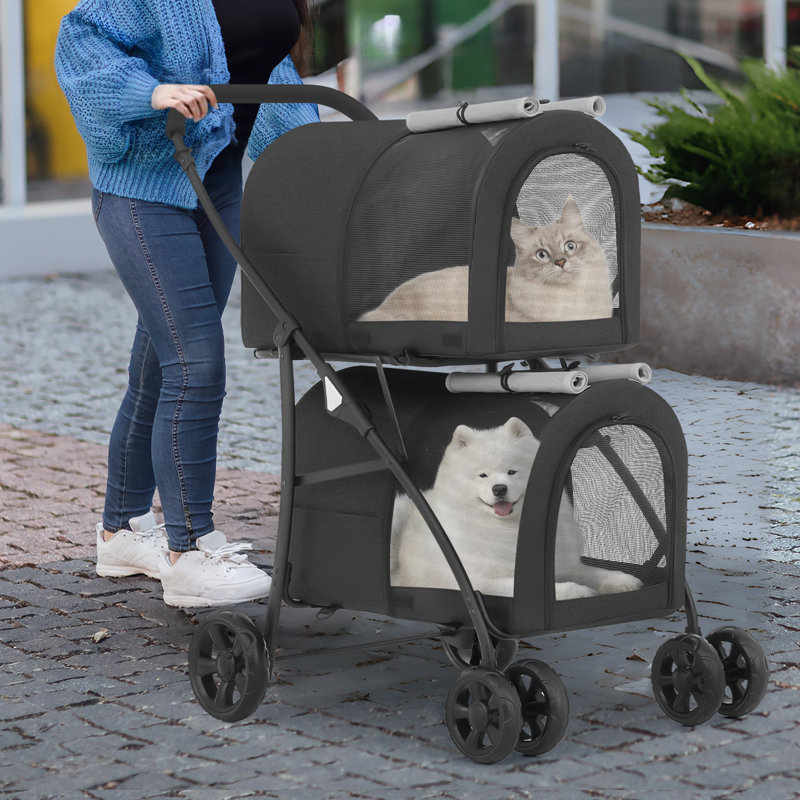 Black and Gray Double Pet Stroller with Steel Frame