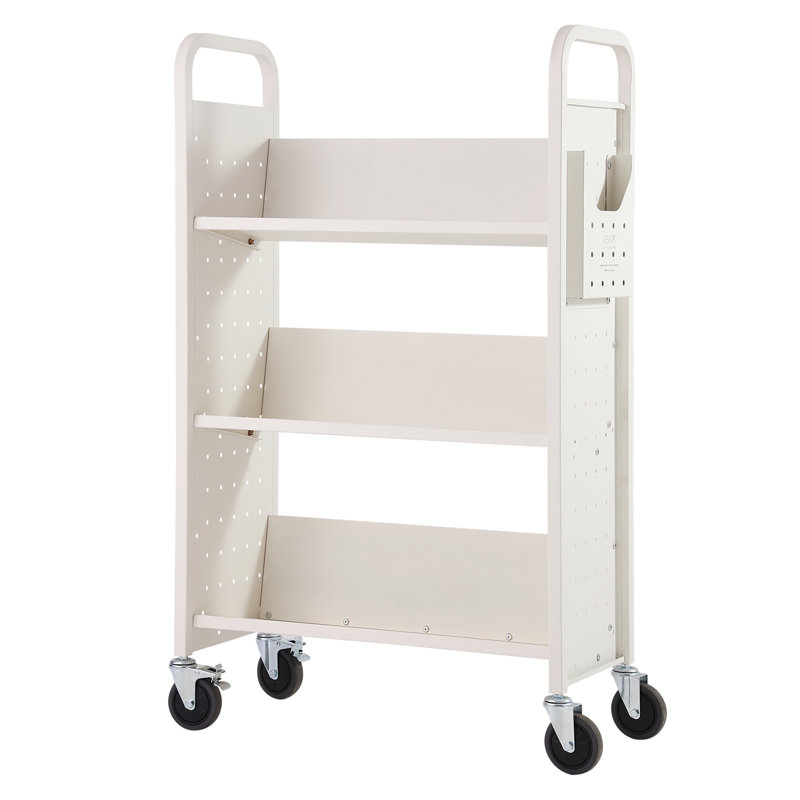 White Double-Sided Rolling Book Cart with Lockable Wheels