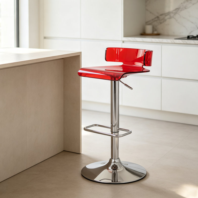 Tabouret de bar pivotant moderne en acrylique de 89 cm (35 po), réglable en hauteur, avec dossier et base en métal