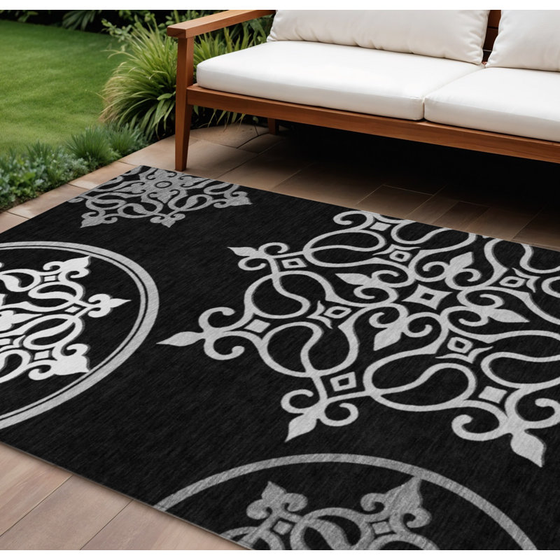 Tapis intérieur / extérieur lavable 10 pi x 14 pi noir et gris à médaillon floral