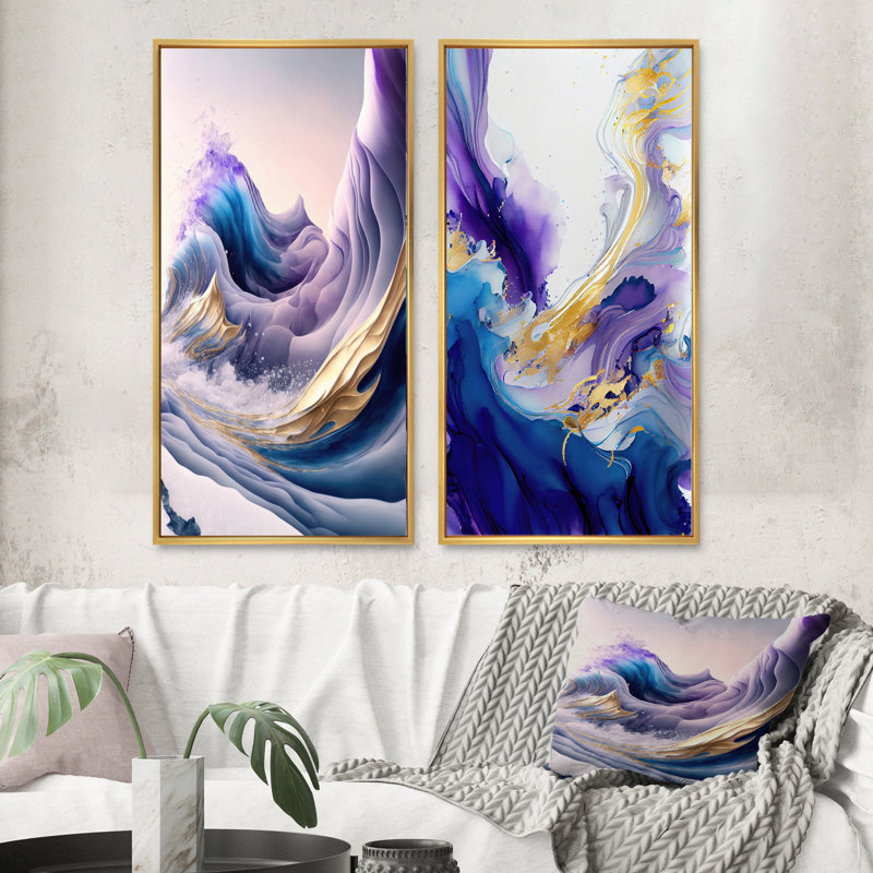 «Blue, Gold and Purple Splash Paint IV», 2 pièces sur toile, Encadrement doré, H 40 po x l 40 po