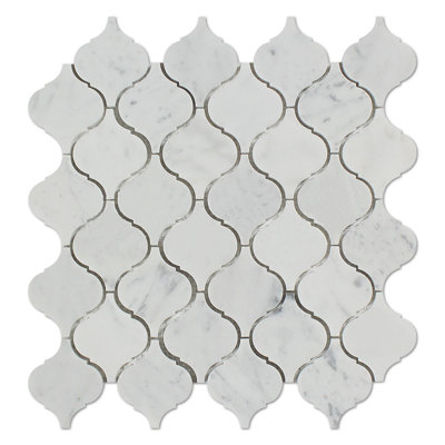 White Carrara 3" Arabesque Marble Look Floor And Wall Mosaic