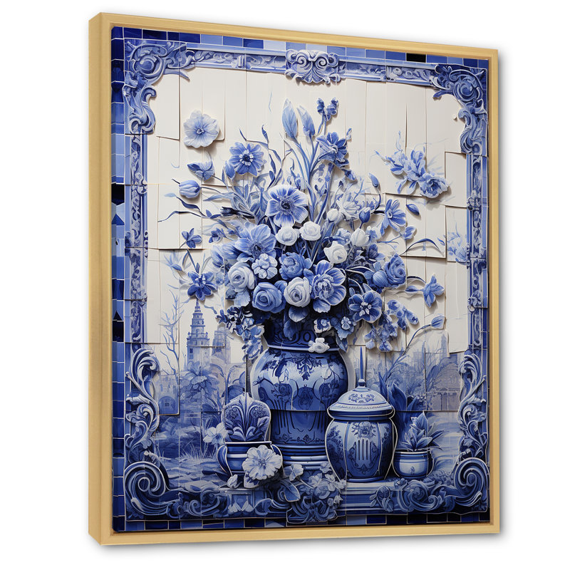 Art mural bleu et blanc Boho Flower Pottery II - Boho Pottery, Cadre flottant brun, H 44 po x l 34 po x P 1,5 po