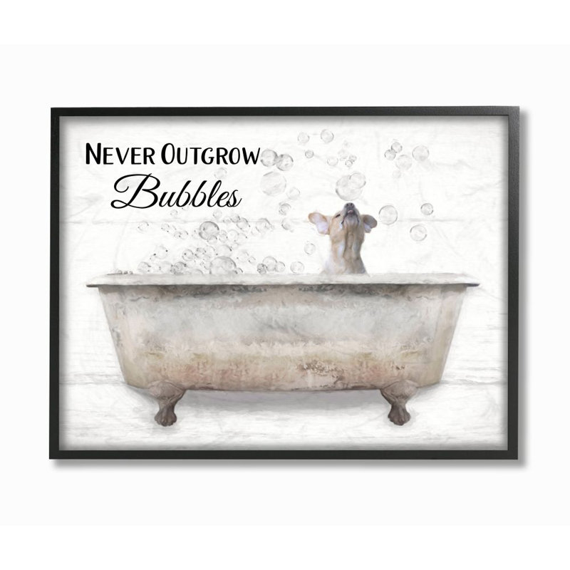 «Happiness Is A Bubble Bath Dog In Tub Word Design XXL», estampe numérique encadrée, art texturé par Lori Deiter