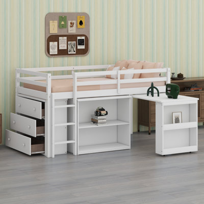 Space-Saving Loft Bed With Desk, Drawer Storage, Shelving, Ladder, And Safety Guardrail