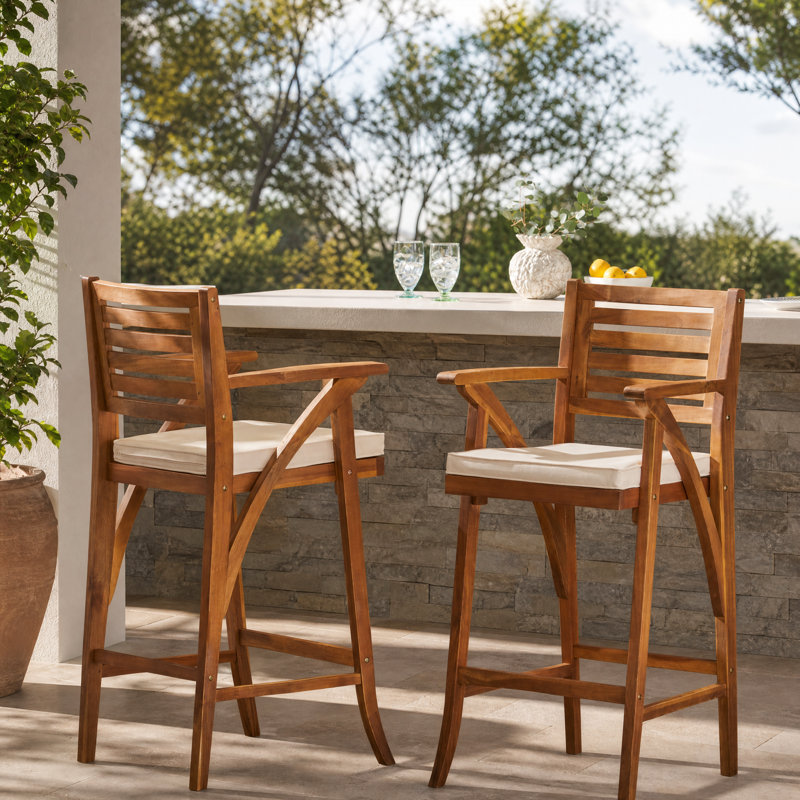 Tabourets de bar d'extérieur en bois d'acacia avec coussin, ensemble de 2