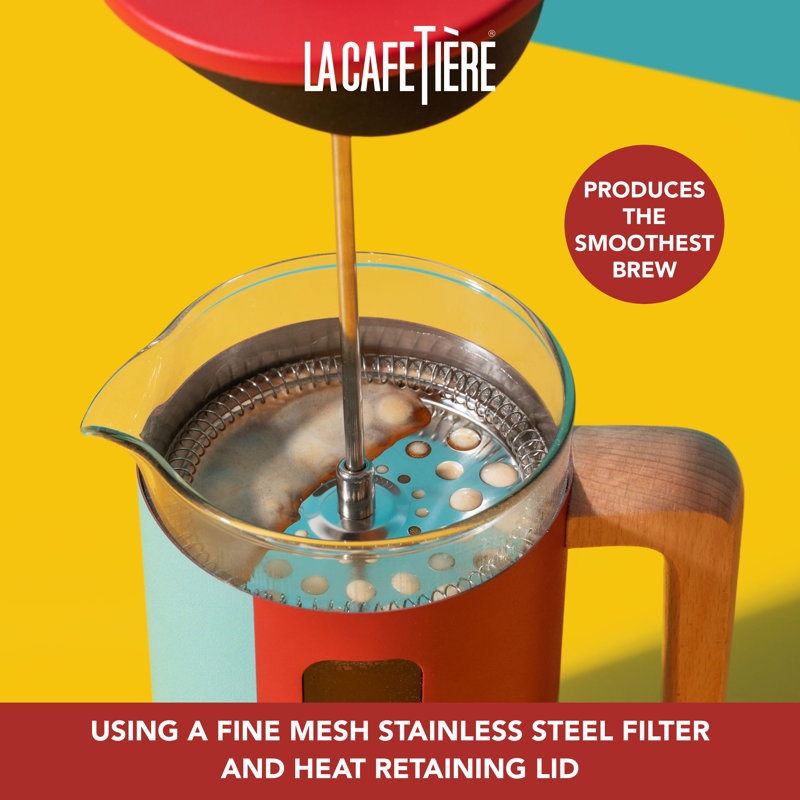 La Cafetière Pisa 8 Cup 1L Stainless Steel Cafetiere, Utopian Lines Heat Retaining French Press with Wooden Handle and Comfortable Push Plunger