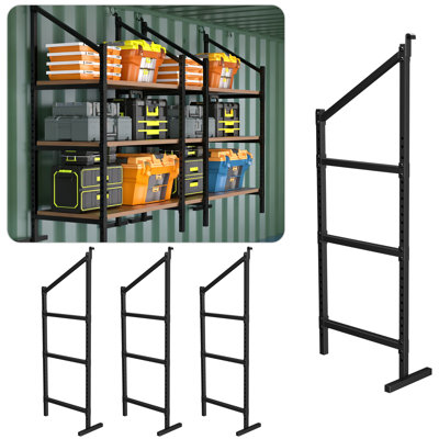 Lot de 4 supports d'étagères pour conteneur maritime, étagères robustes en acier réglables de 147 cm (H) x 58 cm (L), supports de rangement à 3 niveaux avec revêtement en poudre noir.