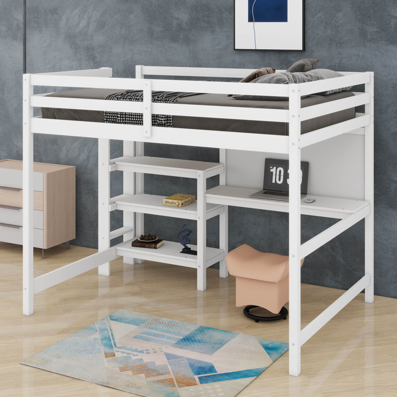 Lit mezzanine simple avec tablettes de rangement, bureau sous le lit, Blanc