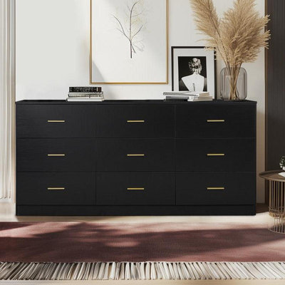 Modern Black 9-Drawer Dresser For Bedroom - Ample Storage Wide Chest Of Drawers, Sturdy & Safe