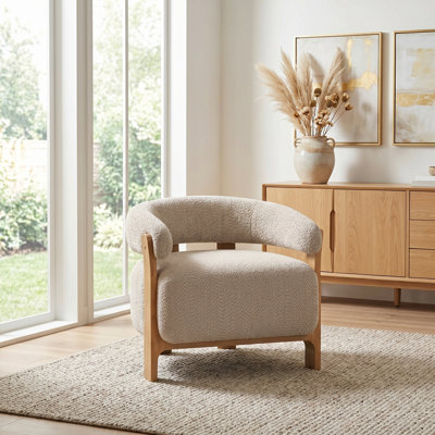 Mid-Century Modern Boucle Accent Chair with Solid Wood Frame, Curved Arm Barrel Chair, Upholstered Teddy Fleece Lounge Chair for Living Room, Bedroom