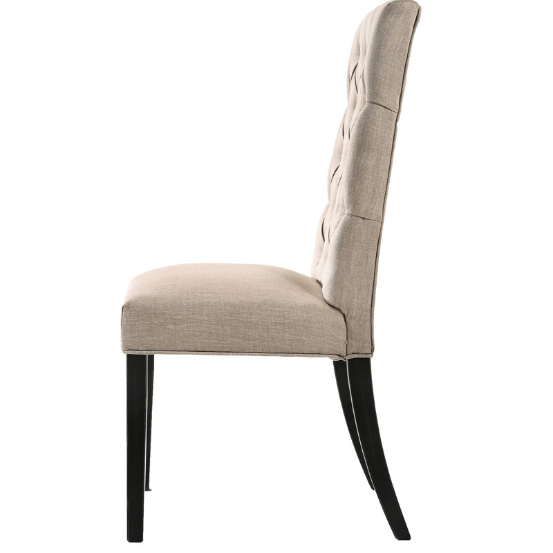 Chaises rétro noires et brun clair (2) - 2 pièces de la salle à manger, sièges latéraux classiques, revêtus de lin, rembourrés de mousse, rectangulaires, avec des pieds en bois fins
