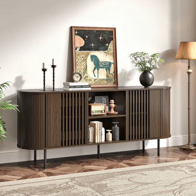 Meuble télé 65 po pour téléviseur de 75 po ou moins, meuble télé Mid-Century avec tablettes réglables, profil courbé, console multimédia pour le salon, brun foncé