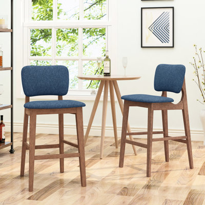 De 2 tabourets de bar de style Mid-Century - Bleu foncé, bois d'hévéa massif, pieds fins et fuselés (2) Tissu bleu, structure en bois avec