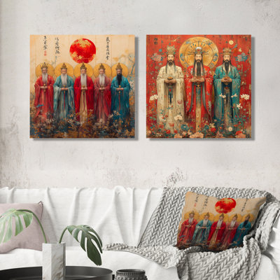 Dieux traditionnels chinois dans les tons rouges et bleus I - Art mural traditionnel chinois - Art mural traditionnel pour le salon 2 pièces