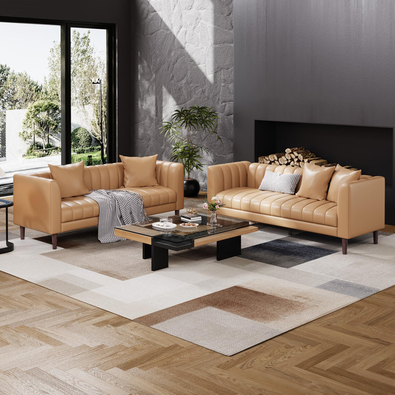 Faux Leather Sofa Couch, Modern 78" W Sofa With Deep Seats, 3 Seater Sofa Couch With 2 Throw Pillows And Wood Legs, Orange