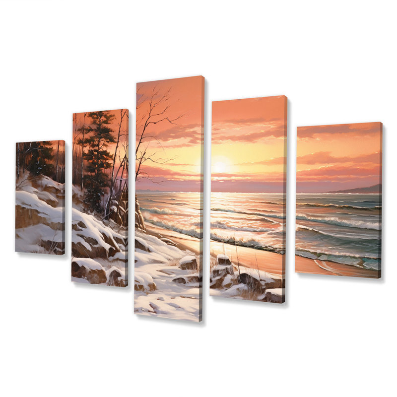 «Beach Winterscene Warm Pastel Sunset I» - Reproduction d'art mural plage - 5 panneaux