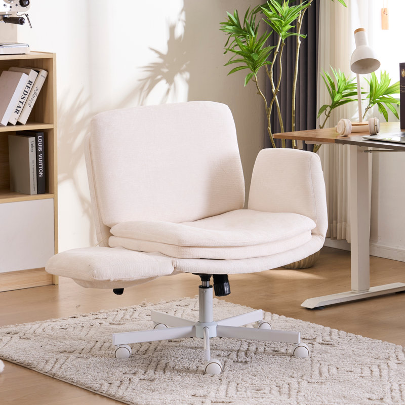 Cross-Legged Home Office Chair with Flip-up Armrests, 2 Side Pockets, Beige