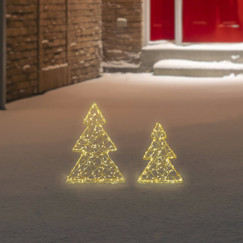 LED Lighted Wire Christmas Tree Decorations - 14" - White - Set Of 2, Gold