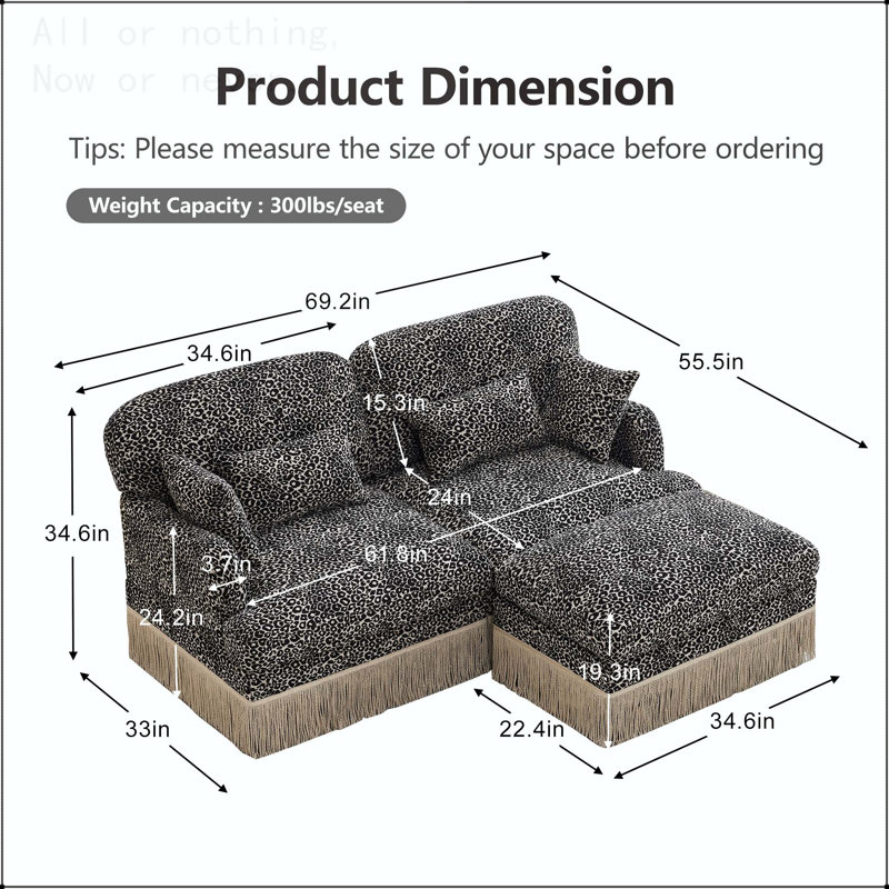 Canapé modulaire en chenille à imprimé léopard, 2 sièges en forme de L, Chenille kaki