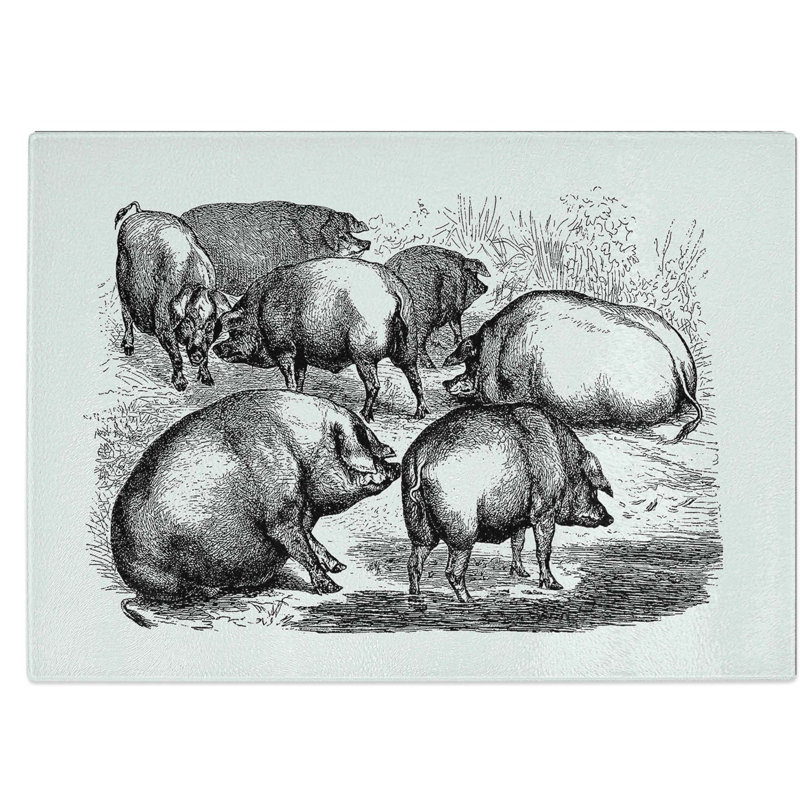 Tempered Glass Pigs Illustration Chopping Board, 39 cm W x 28.5 cm L