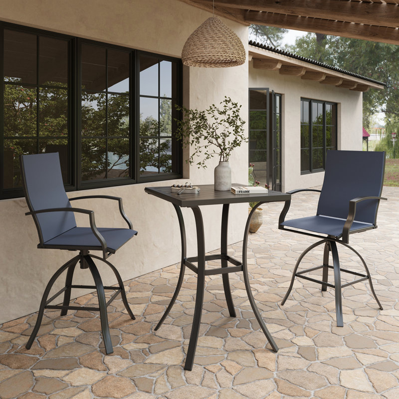 Ensemble de salle à manger de patio avec table carrée et accoudoirs hauteur bar (ensemble de 3), Blue/Black