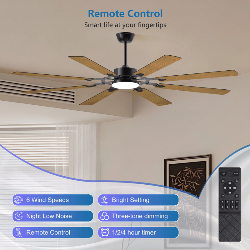 Grand ventilateur de plafond 72 pales de 72 pouces à 8 pales, moteur CC réversible silencieux, ventilateur de plafond moderne intérieur / extérieur, adapté pour la cuisine, le salon et la terrasse, noir.