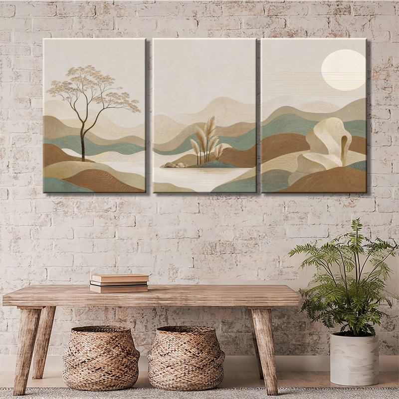 Toile, art abstrait, ligne dorée, paysage de montagne, lune, minimaliste, art mural bohème, 24*36inch*3