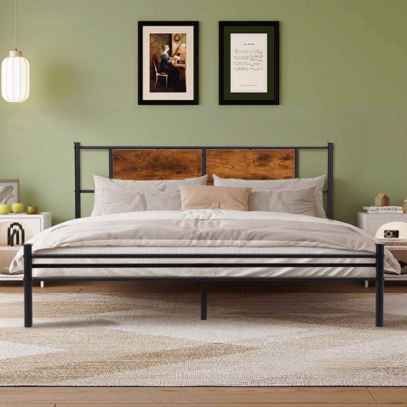Base de lit avec tête et pied de lit en bois, sommier en métal avec sommier à lattes en métal robuste, aucun sommier requis