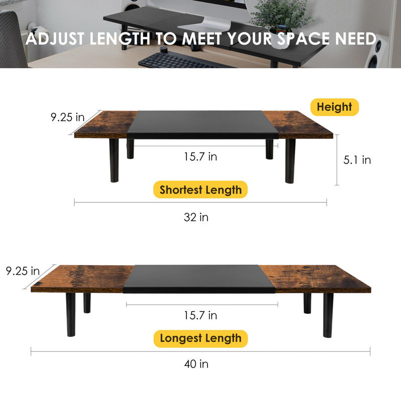Dual-Monitor-Stand-Riser-For-Desk Adjustable Length 32-40 Inch, Large Desktop Computer Monitor Riser For 2 Screens, Desk Shelf Organizer Riser Stand For Computer/Laptop/PC/Printer/TV Brown