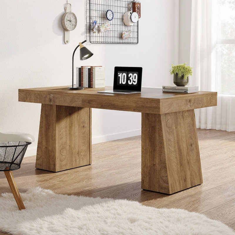 Bureau de direction moderne à double caisson en bois brun clair 55 po Modern