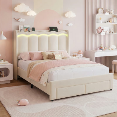 Lit de rangement en velours pour enfant avec lumières DEL, lit plateforme simple avec 1 tiroir