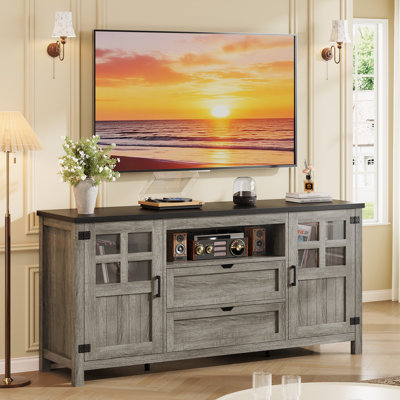 Meuble télé Farmhouse avec portes de grange et tiroirs pour téléviseur 65 70 75 po - Gris
