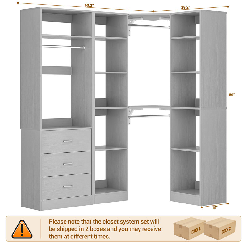 Système de placard d'angle 63,2 po x l 39,2 po x H 80 po, système d'organisation de placard autoportant avec 3 tiroirs, Gris