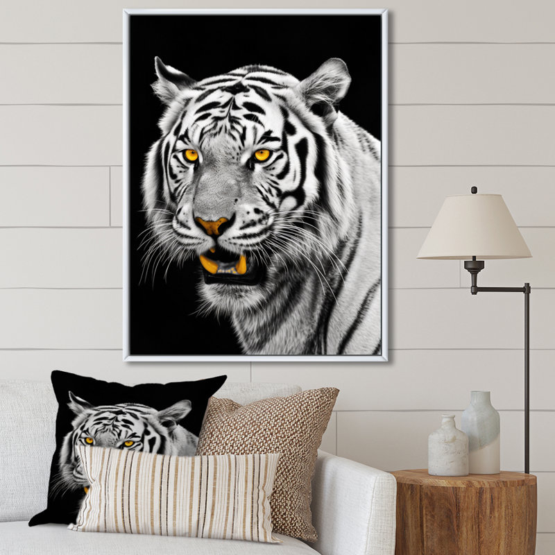 Tigre blanc féroce VI - animaux, art mural, salon, H 44 po x l 34 po x P 1,5 po, Cadre flottant blanc