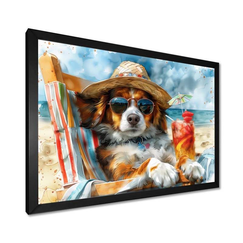Bouvier bernois avec un cocktail sur la plage, Toile encadrée noire simple, H 12 po x l 20 po x P 1 po