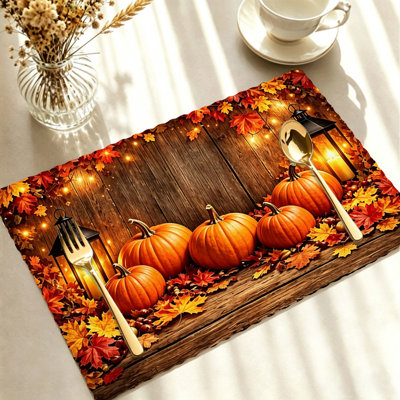 Autumn Placemats Set of 4 - Heat-Resistant Table Mats, for Indoor & Outdoor Dining,Brown Orange Wooden Pumpkins Candles